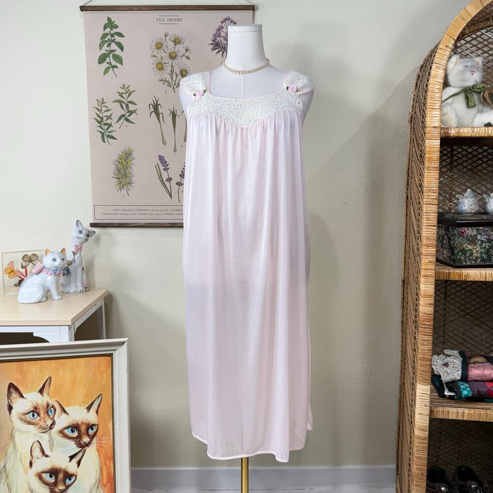 Vintage Pastel Pink Rose Lace Sheer Nightgown Romantic Coquette Cottage M L